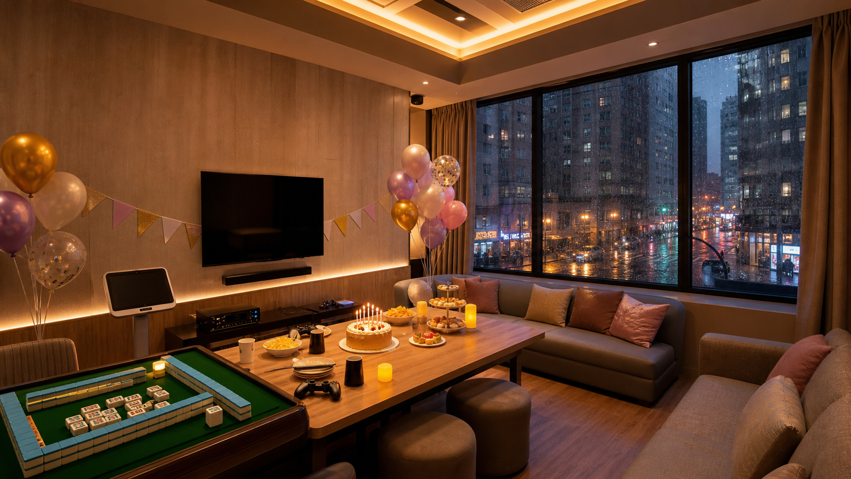 香港落雨天室內生日 Party Room,有蛋糕、麻雀、遊戲機和卡拉 OK 設施