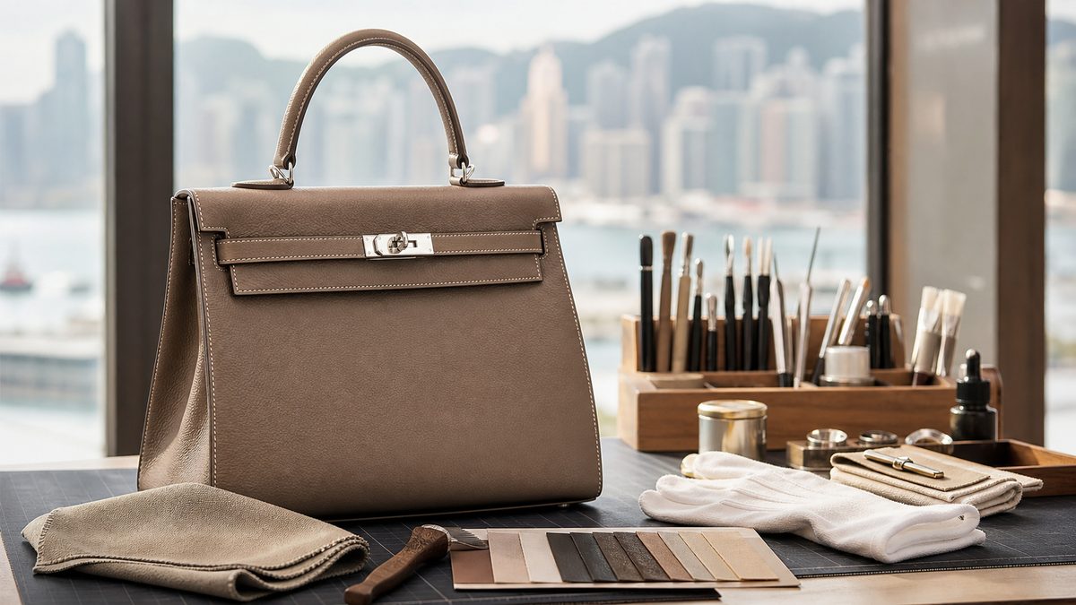 香港Hermes Birkin及Kelly手袋維修評估,展示邊油、手挽、皮革清潔及五金護理工具