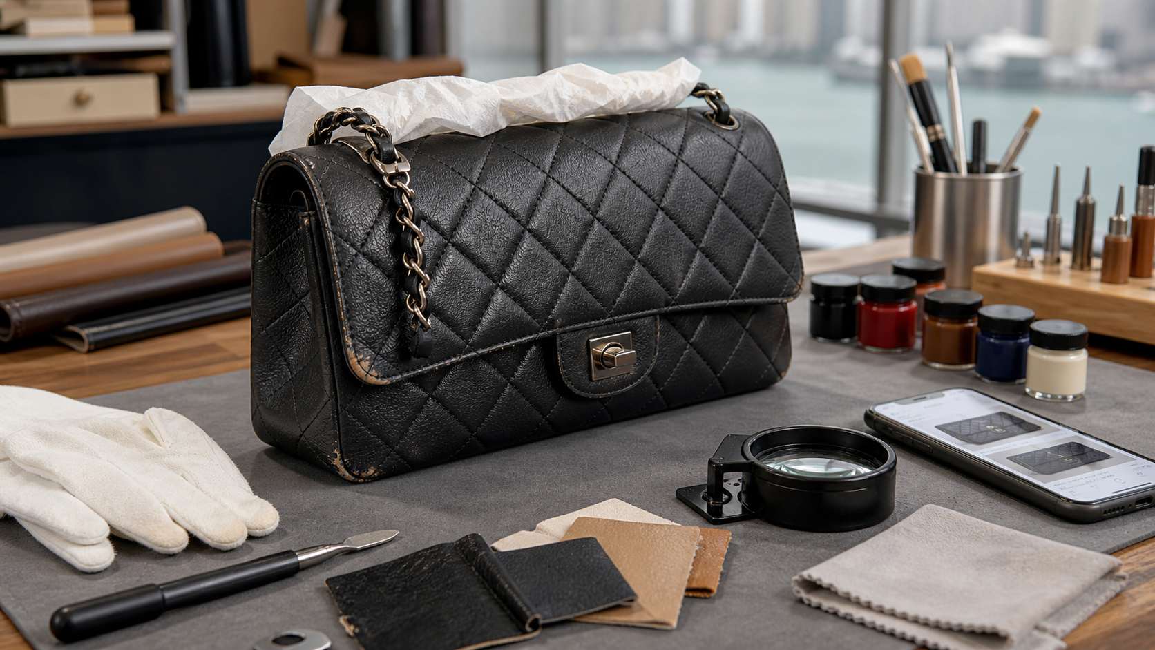 香港 Chanel Flap 手袋角位磨損與邊油修復評估工作枱，展示羊皮紋理、鏈帶、皮革色板、工具及 WhatsApp 相片報價提示