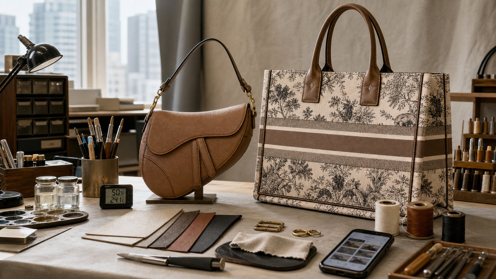 香港 Dior Saddle 與 Book Tote 手袋維修評估工作枱，展示皮邊、手挽、五金、縫線、帆布與 WhatsApp 相片檢查