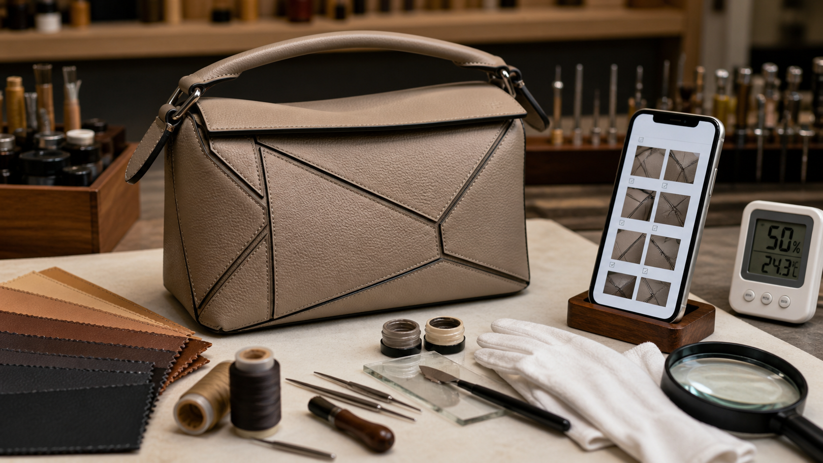 香港 Loewe Puzzle 手袋角位磨損、拼皮摺位、手挽及邊油修復相片評估工作枱，展示皮革色板、工具、濕度計和 WhatsApp 相片清單