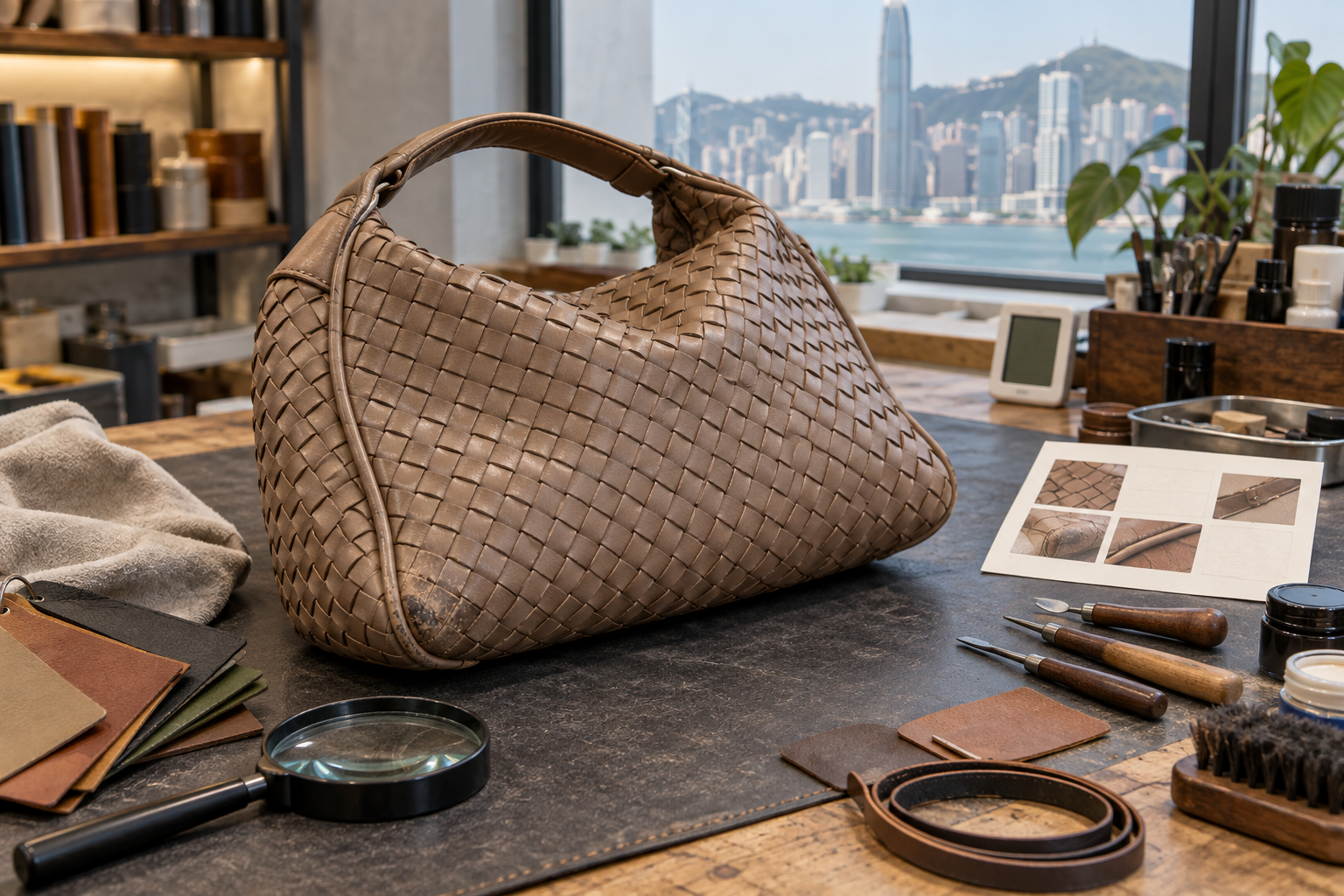 香港皮具維修工作枱上檢查 Bottega Veneta 風格編織皮革手袋的袋角磨損、邊油和補色風險