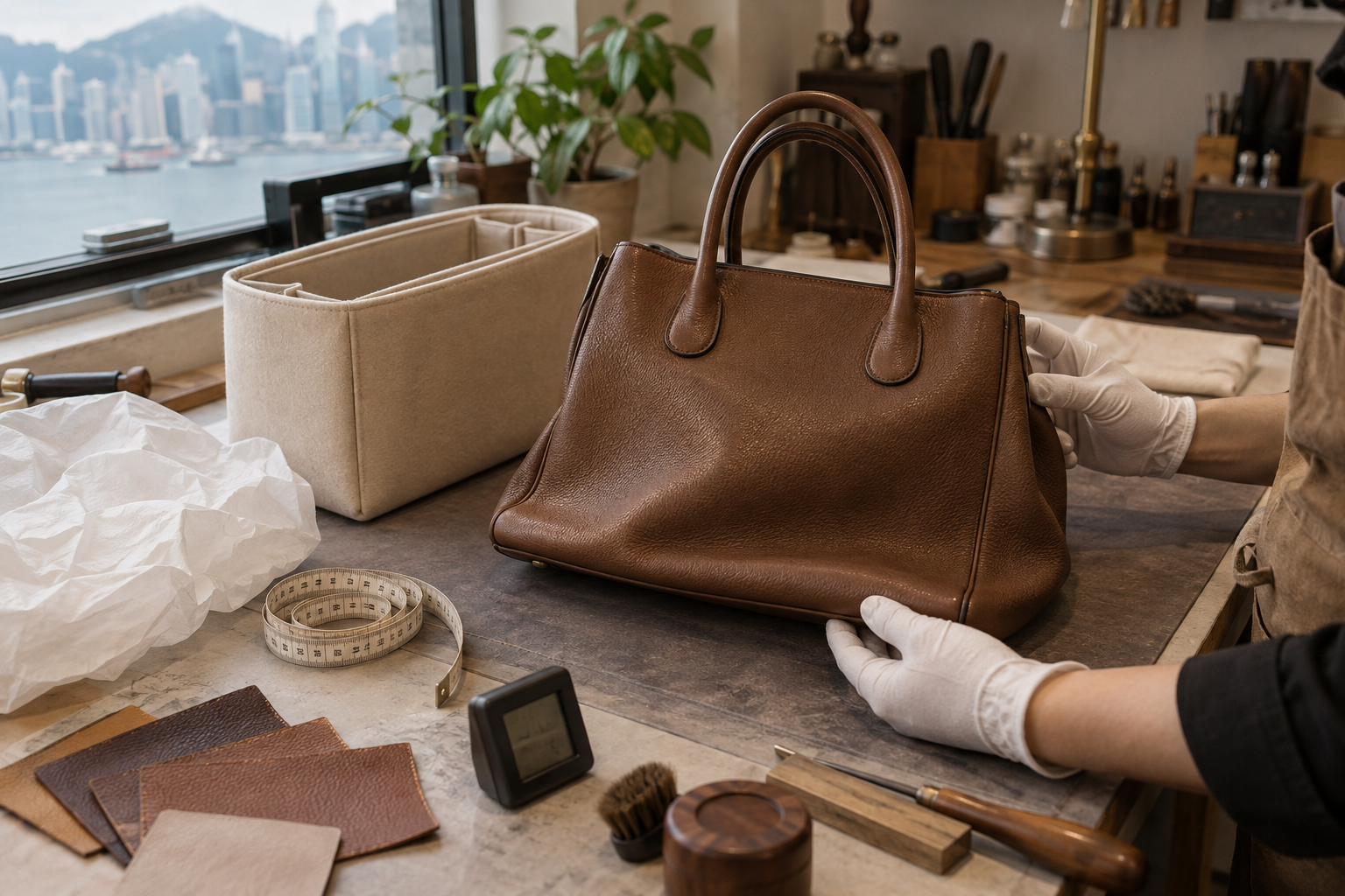 香港皮具維修工作枱檢查變形塌袋的袋底、側板、內部支撐及皮革袋型