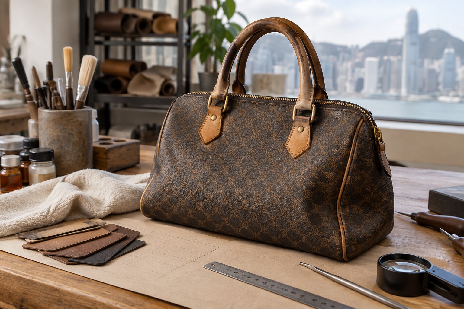 香港皮具維修工作枱檢查 Speedy 風格手袋的帆布、Vachetta 皮革手挽、拉鏈及袋型